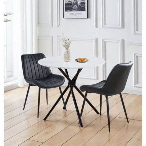 Hallowood Furniture Cullompton Round Dining Table and Chairs Set 2, White Marble Effect Small Table and Chairs with Black Bonded Leather Upholstery, Dining Room Sets for Home and Cafe