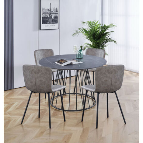Hallowood Furniture Cullompton Round Dining Table and Chairs Set 4, Grey Marble Effect Kitchen Table and Chairs with Taupe Faux Leather Upholstery, Modern Dining Set for Home and Cafe