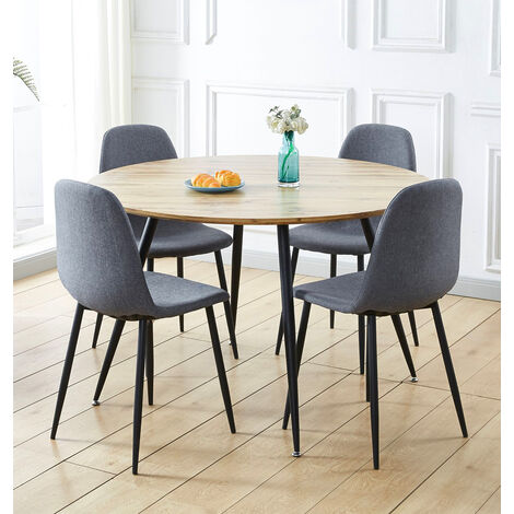 Hallowood Furniture Cullompton Round Dining Table and Chairs Set 4, Light Oak Effect Top Large Kitchen Table and Chairs in Grey Fabric Upholstery and Metal Legs for Home, Office & Café