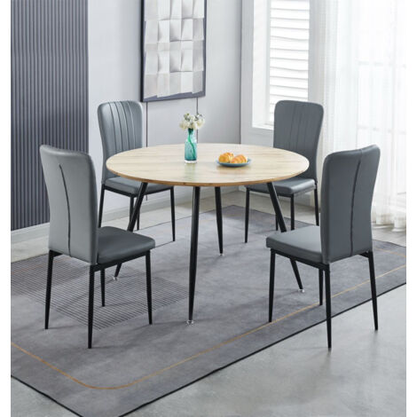 Hallowood Furniture Cullompton Round Dining Table and Chairs Set 4, Light Oak Effect Top Large Kitchen Table and Chairs in Grey Faux Leather Upholstery and Metal Legs for Home, Office & Café