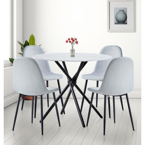 Hallowood Furniture Cullompton Round Dining Table And Chairs Set 4, Marble Effect Top Small Kitchen Table and Chairs in Grey Fabric with Black Metal Legs for Home, Office Pantries and Cafes