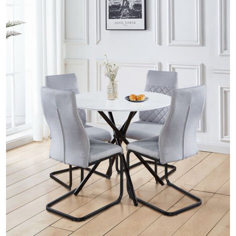 Hallowood Furniture Cullompton Round Dining Table and Chairs Set 4, White Marble Effect Small Table and Chairs for 4 with Light Grey, High-Bac, Cantilever Design, Ideal for Home or Café