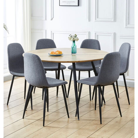 Hallowood Furniture Cullompton Round Dining Table and Chairs Set 6, Light Oak Effect Top Large Kitchen Table and Chairs in Grey Fabric Upholstery and Metal Legs for Home, Office & Café