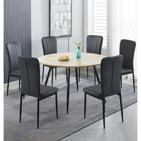 Hallowood Furniture Cullompton Round Dining Table and Chairs Set 6, Oak Effect Top Kitchen Table  and Chairs in High Back, Black Faux Leather Upholstery, Modern Dining Set for Home and Restaurant