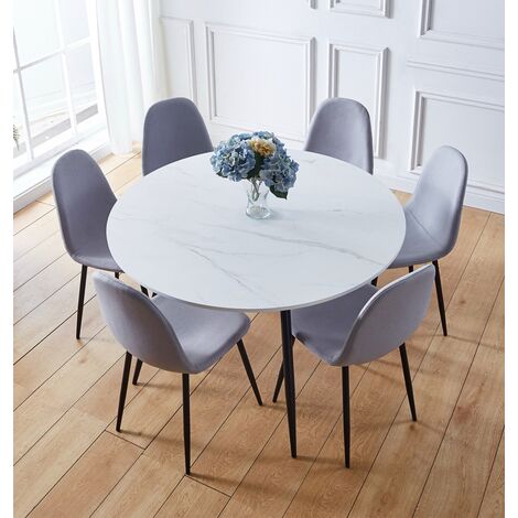 Hallowood Furniture Cullompton Round Dining Table and Chairs Set 6, White Marble Effect Top Kitchen Table with 6 Chairs Upholstered in Grey Fabric, Dining Table Set for Home and Cafe