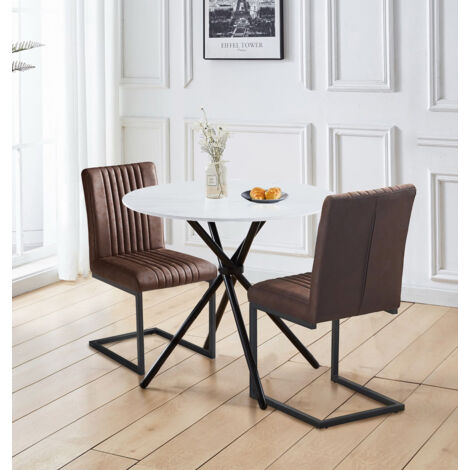 Hallowood Furniture Cullompton Round Table and Chairs Set 2, White Marble Effect Top Small Dining Table and 2 Chairs in Cantilever Base in Brown Faux Leather Upholstery for Home or Cafe