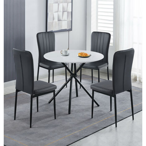 Hallowood Furniture Cullompton Round Table and Chairs Set 4, White Marble Effect Round Dining Table with Chairs in Black Faux Leather Seats, 4 Seater Dining Room Sets for Home or Café