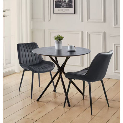 Hallowood Furniture Cullompton Small Dining Table and 2 Chairs, Black Wooden Effect Top Round Table and Chairs Set 2 in Black Bonded Leather, Dining Room Sets for Home and Café Use