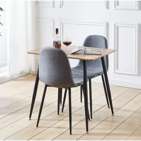 Hallowood Furniture Cullompton Small Dining Table and 2 Chairs, Rectangular Kitchen Table and 2 Chair Set with Oak Effect Top & Grey Fabric Chairs, Dining Set for Home & Café