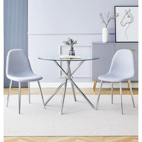Hallowood Furniture Cullompton Small Dining Table and 2 Chairs, Round Glass Dining Set for 2, 90cm Table with Grey Fabric Chairs, Set for Kitchen, Home and Cafe