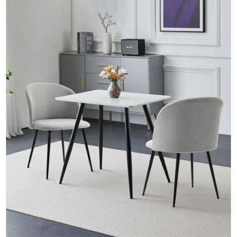 Hallowood Furniture Cullompton Small Dining Table and 2 Chairs Set, Faux Marble White Table and Chairs in Curved Back Light Grey Fabric Upholstery, DIning Set for Home & Café