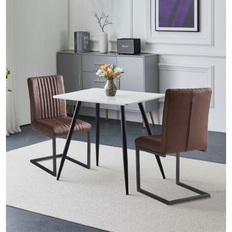 Hallowood Furniture Cullompton Small Dining Table and 2 Chairs Set, White Marble Effect Two Seater Table and Chairs with Cantilever Design in Brown Faux Leather for Dining or Café (80x60)