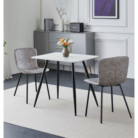 Hallowood Furniture Cullompton Small Dining Table and Chairs Set 2, (0.8m) White Marble Effect Kitchen Table and Chairs in Taupe Faux Leather Upholstery and Metal Legs, Dining Set for Home & Café