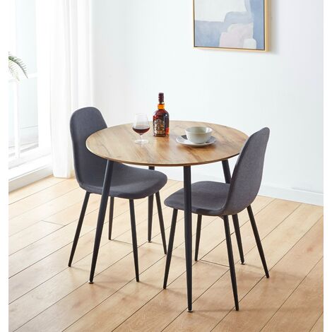 Hallowood Furniture Cullompton Small Dining Table and Chairs Set 2, Brown Oak Effect Top Kitchen Table and Chairs in Grey Fabric Upholstery and Metal Legs, Dining Room Sets for Home, Office & Café