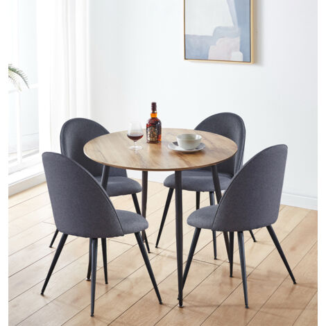 Hallowood Furniture Cullompton Small Dining Table and Chairs Set 4, Brown Oak Effect Top Kitchen Round Table and Chairs in Curved-Back, Grey Fabric Upholstery and Metal Legs for Home, Office & Café