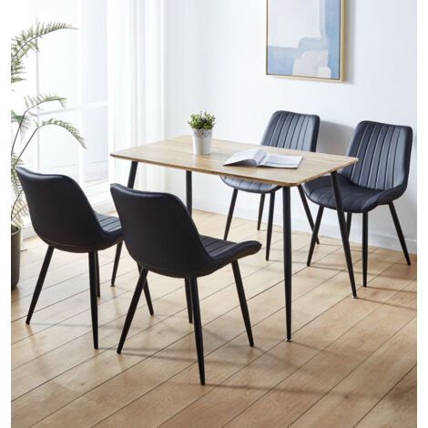 Hallowood Furniture Cullompton Small Dining Table and Chairs Set 4, Brown Oak Effect Top Rectangular Kitchen Table and Chairs in Black Bonded Leather Upholstery and Metal Legs for Home, Office & Café