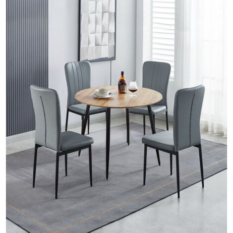 Hallowood Furniture Cullompton Small Dining Table and Chairs Set 4, Brown Oak Effect Top Round Kitchen Table and Chairs in Grey Faux Leather Upholstery and Metal Legs for Home, Office & Café