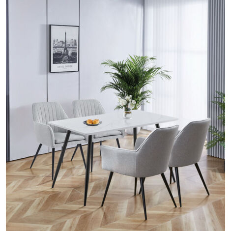 Hallowood Furniture Cullompton Small Dining Table and Chairs Set 4, Marble Effect Kitchen Table and Armchairs Set 4 in Black Metal Legs with Upholstered Steel Grey Fabric, Modern Dining Room Sets