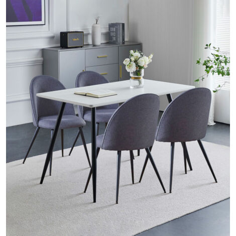 Hallowood Furniture Cullompton Small Dining Table and Chairs Set 4, White Marble Effect Rectangular Kitchen Table and Chairs in Curved-Back, Grey Fabric Upholstery with Metal Legs for Home & Café