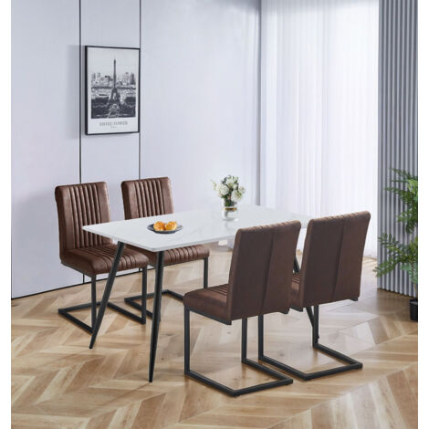 Hallowood Furniture Cullompton Small Dining Table and Chairs Set 4, White Marble Effect Top Kitchen Table and Brown Leather Effect Cantilever Dining Chairs with Metal Legs for Home, Cafe