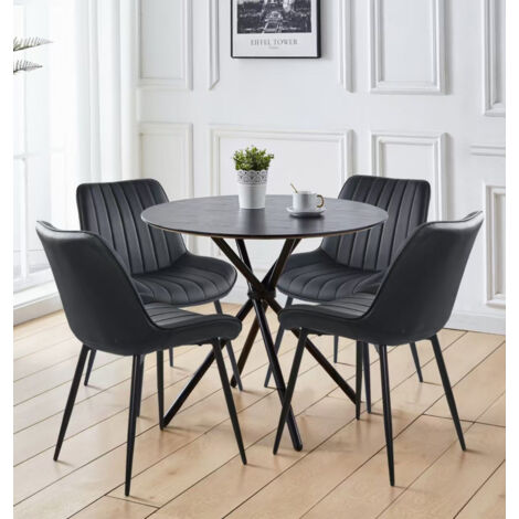 Hallowood Furniture Cullompton Small Dining Table and Chairs Set 4, Wooden Effect Top Black Round Table and Chairs in Black Bonded Leather Seats, Perfect Dining Set for Home & Cafe Use (90cm)