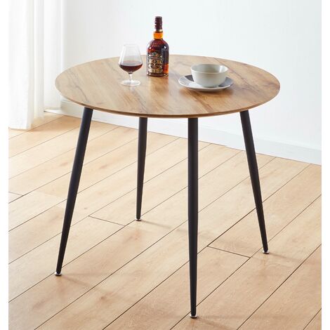 Hallowood Furniture Cullompton Small Dining Table with Oak Effect Top and Black Metal Legs, 2-4 Seater Round Table for Dining Rooms or Cafés, Kitchen Furniture (90cm)