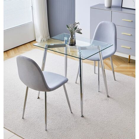 Hallowood Furniture Cullompton Small Glass Dining Table and 2 Chairs Set, Modern Rectangular Kitchen Table and Chairs in Grey Fabric, 2 Seater Dining Sets for Home, Cafe or Office