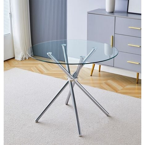 Hallowood Furniture Cullompton Small Glass Dining Table with Stainless Steel Cross Legs, 2-4 Seater Glass Top Round Table for Dining Rooms, Kitchens, or Cafés (90cm)