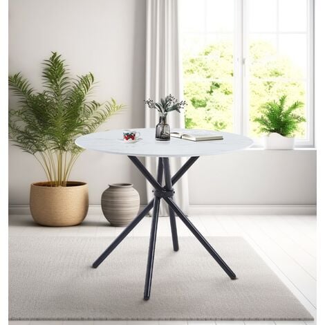 Hallowood Furniture Cullompton Small Marble Effect Top White Dining Table with Black Cross Metal Legs, Modern Round Table for Dining Rooms, Kitchens (90cm)