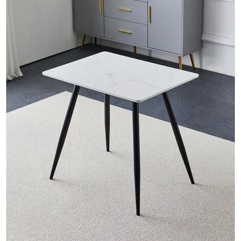 Hallowood Furniture Cullompton Small Rectangular White Marble Effect Dining Table with Black Metal Legs,  2-4 Seater Marble Table for Dining rooms, Kitchens, or Cafés