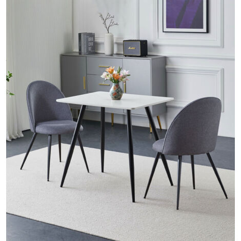 Hallowood Furniture Cullompton Small Round Dining Table and 2 Chairs Set, 2 Seater Table and Chairs in White Marble Effect Top and Curved Back Grey Fabric Seats, DIning Set for Home or Café