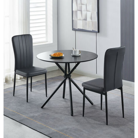 Hallowood Furniture Cullompton Small Round Dining Table and Chairs Set 2, Black Kitchen Table and Chairs Set 2 with Wooden Effect Top & Black Faux Leather Perfect for Home and Cafe