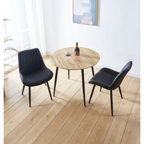 Hallowood Furniture Cullompton Small Round Dining Table and Chairs Set 2, Brown Oak Effect Top Kitchen Table and Chairs in Black Bonded Leather Upholstery and Metal Legs for Home, Office & Café