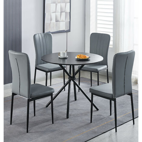 Hallowood Furniture Cullompton Small Round Dining Table and Dining Chairs Set 4, Wooden Effect Black Round Table and Chairs in Light Grey Faux Leather, Ideal for Modern Home or Café