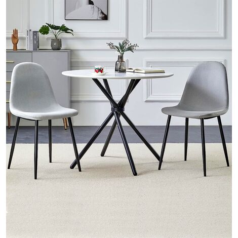 Hallowood Furniture Cullompton Small Table and Chairs for 2, White Marble Effect Top Round Dining Table with Chairs Upholstered in Grey Fabric, Dining Room Sets for Home and Café