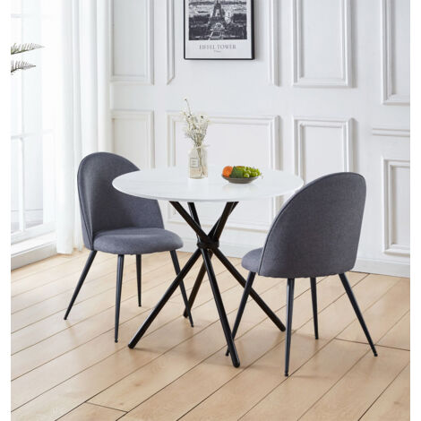 Hallowood Furniture Cullompton White Marble Effect Small Round Dining Table and Chairs Set 2, Space Saving Table and Chairs in Curved-back Grey Fabric, Dining Room Sets for Home or Cafe