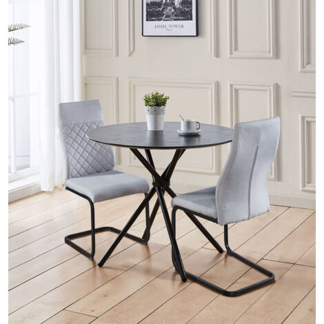 Hallowood Furniture Cullumpton Round Small Table and Chairs, Black Wood Effect Dining Table and Chairs Set 2 in High Back Light Grey Fabric and Black Cantilever Legs, Modern Dining Room Sets