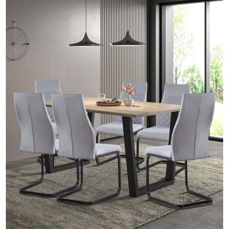 Hallowood Furniture Dudley Dining Set, Rectangular Wood & Metal Table with 6 Grey Upholstered High Back Chairs, Sturdy Dining Room Furniture for Kitchen, Office, or Small Spaces