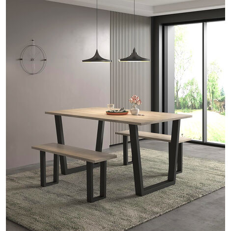 Hallowood Furniture Dudley Dining Table and Bench Set 2, 150cm Industrial Style Kitchen Table with Black Metal U Shaped Legs and 2 Kitchen Bench Set, Modern Dining Room Sets for Home, Office