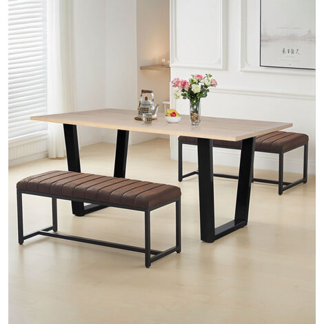 Hallowood Furniture Dudley Dining Table and Bench Set of 2, 150cm Rectangular Kitchen Table with 2 Brown Leather Effect Benches, Modern Dining Room Sets, Home and Kitchen Furniture