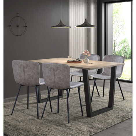 Hallowood Furniture Dudley Dining Table Set 4, 150cm Modern Industrial Table with Taupe Faux Leather Chairs – Ergonomic Padded Seats with Black Metal Legs – Dining Room Furniture for Home & Office