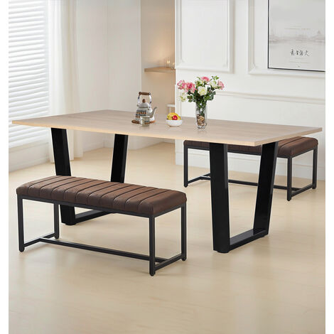 Hallowood Furniture Dudley Dining Table with Bench Set 2, 180cm Kitchen Table with U Shaped Metal Legs and Brown Leather Effect Dining Benches Ideal for Home, Kitchens and Offices