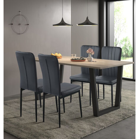 Hallowood Furniture Dudley Large Dining Table and Chairs Set 4, Dinner Table (180cm) with Chunky U Shaped Metal Legs & Black Faux Leather Chairs, Dining Room Sets for Home & Cafe