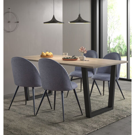 Hallowood Furniture Dudley Large Dining Table and Chairs Set 4, Dinner Table (180cm) with Chunky U Shaped Metal Legs & Grey Curved Back Fabric Chairs, Dining Room Sets for Home & Cafe