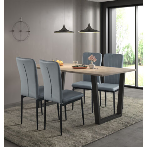Hallowood Furniture Dudley Large Dining Table and Chairs Set 4, Dinner Table (180cm) with Chunky U Shaped Metal Legs & Grey Faux Leather Chairs, Dining Room Sets for Home & Cafe