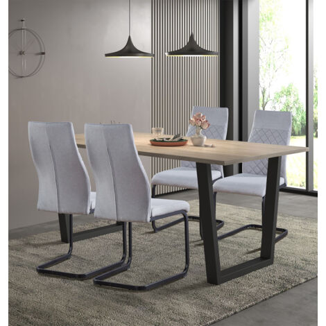 Hallowood Furniture Dudley Large Dining Table and Chairs Set 4, Dinner Table (180cm) with Chunky U Shaped Metal Legs & Grey High Back Fabric Chairs, Dining Room Sets for Home & Cafe
