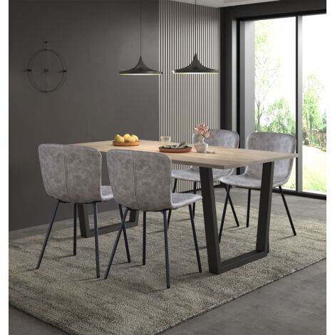 Hallowood Furniture Dudley Large Dining Table and Chairs Set 4, Dinner Table (180cm) with Chunky U Shaped Metal Legs & Taupe Leather Effect Chairs, Dining Room Sets for Home & Cafe