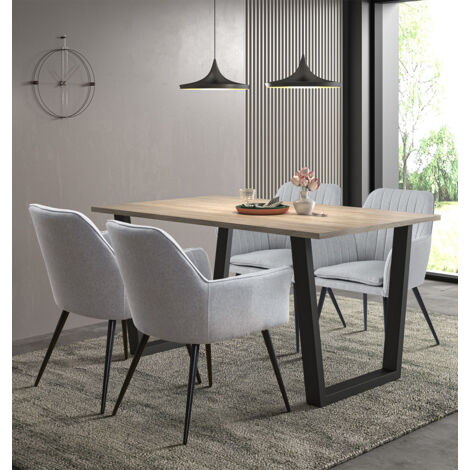 Hallowood Furniture Dudley Large Dining Table and Chairs Set 4, Kitchen Table with U Shaped Metal Legs (150cm) and Grey Fabric Chairs with Armrest, Dining Set for Home and Office