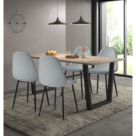 Hallowood Furniture Dudley Large Dining Table and Chairs Set 4, Kitchen Table with U Shaped Metal Legs and Four Silver Grey Fabric Chairs, Dining Set for Home, Cafe, Offices (180cm)