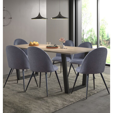 Hallowood Furniture Dudley Large Dining Table and Chairs Set 6, Dinner Table (180cm) with Chunky U Shaped Metal Legs & Grey Curved Back Fabric Chairs, Dining Room Sets for Home & Cafe